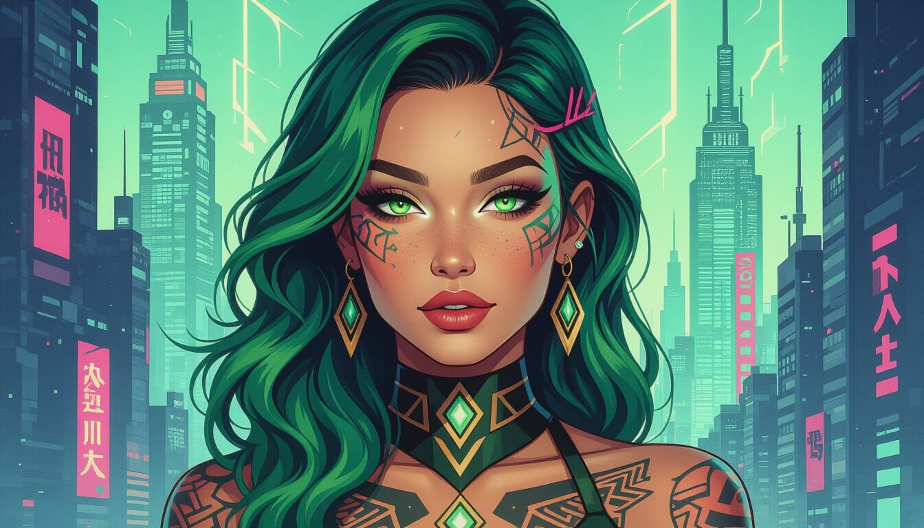 Green-Haired Woman in Cyberpunk Art Deco Cityscape
