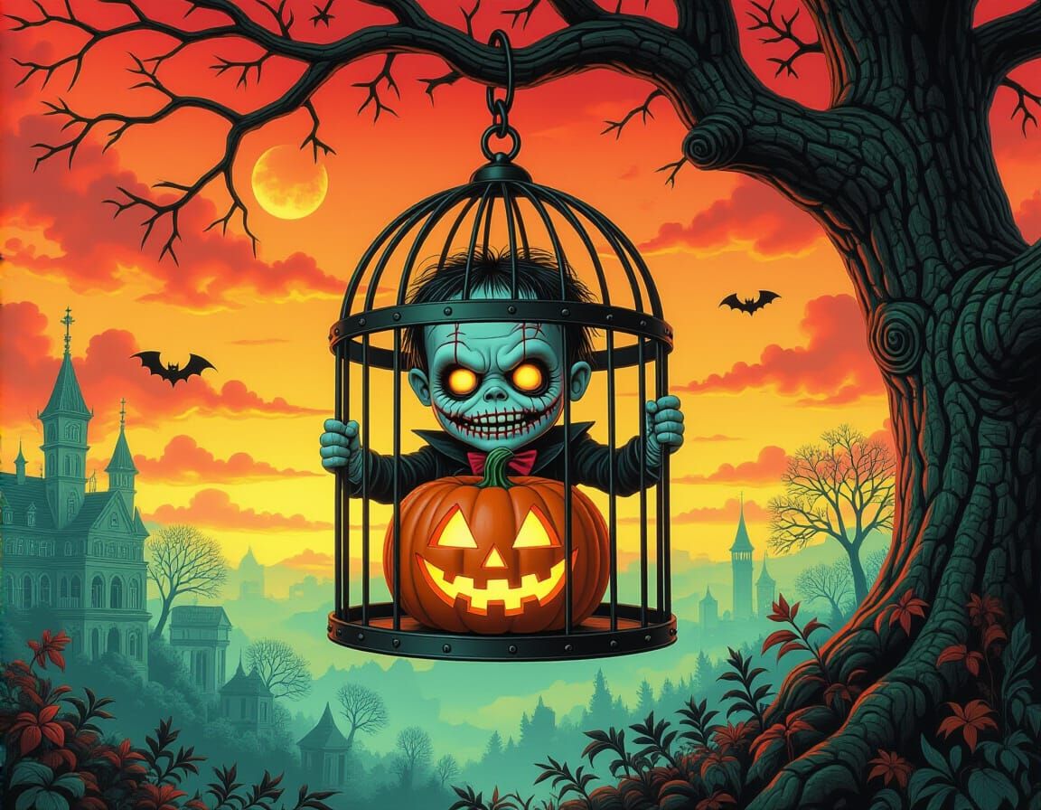 Nightmare Chibi Frankenstein in Psychedelic Birdcage