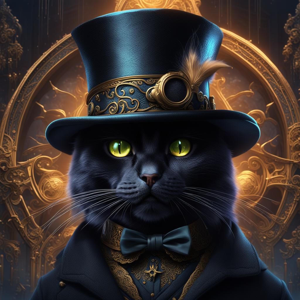 Black Cat in Top Hat: Detailed Fantasy Art
