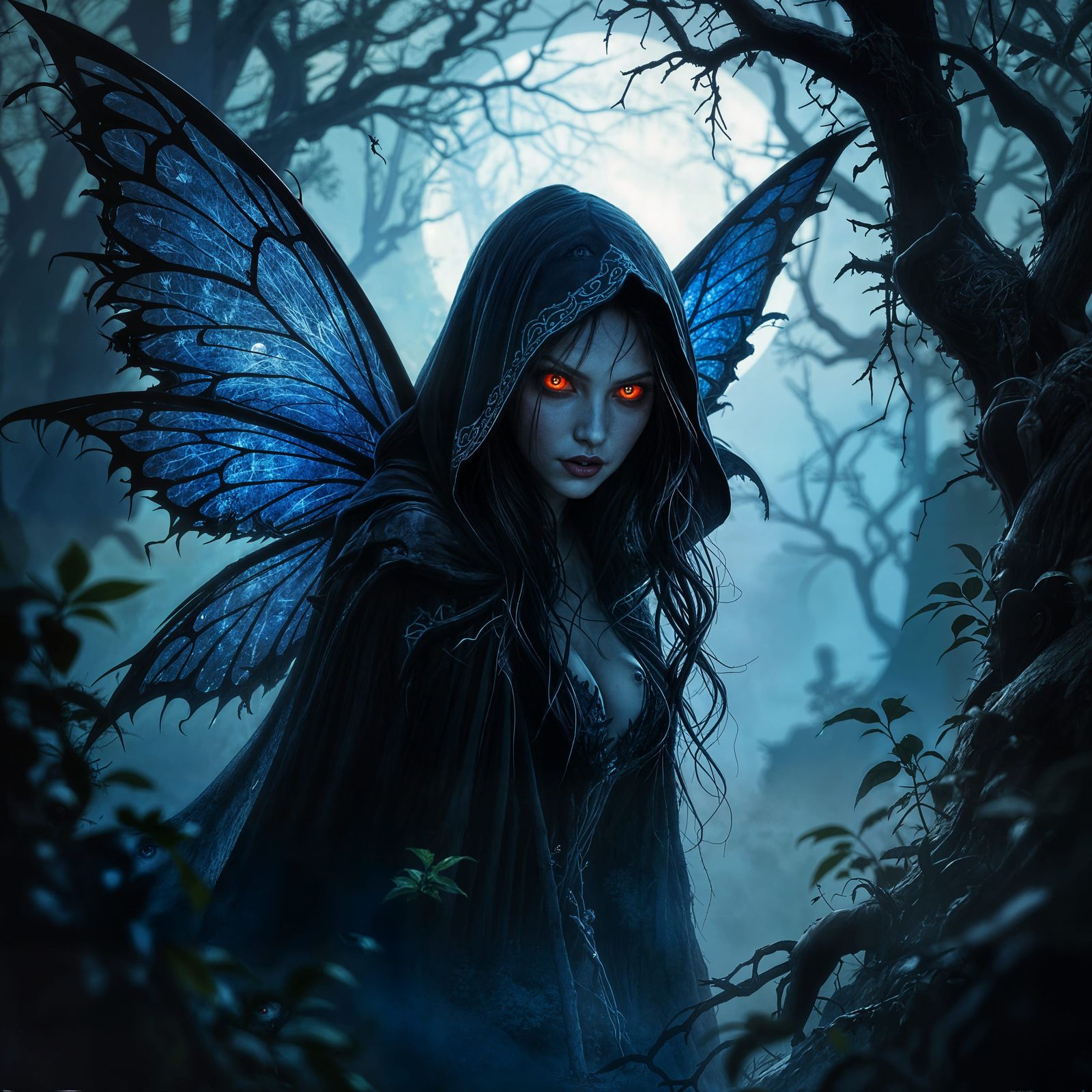 Dark Fairy with Red Eyes in Mystical Forest