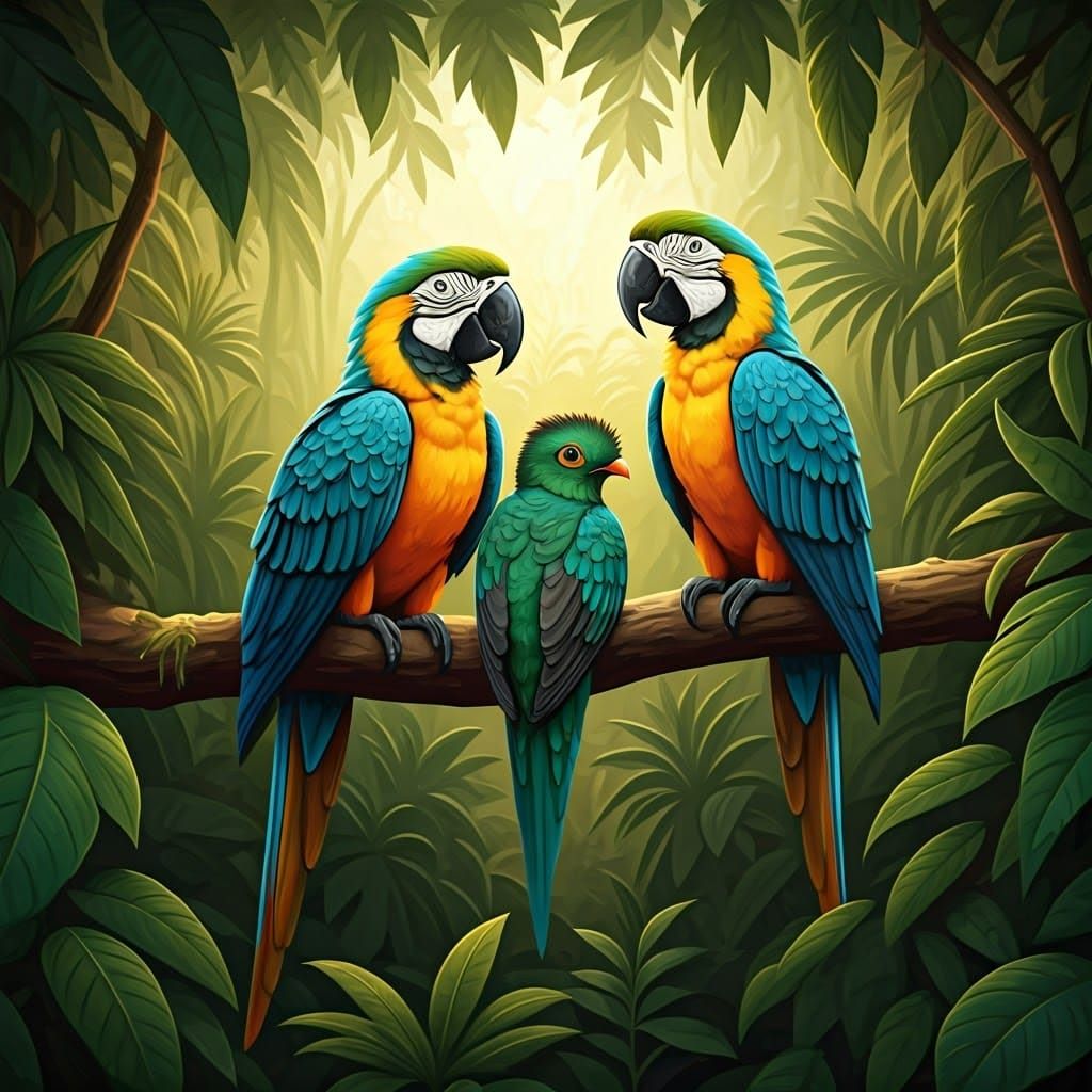 Exotic Birds and Babies in Lush Jungle Scene
