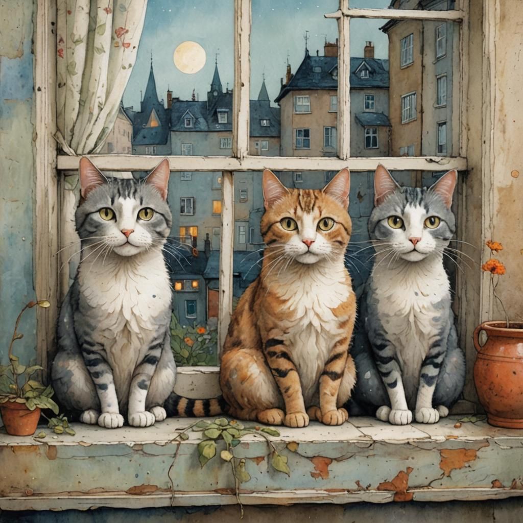 Whimsical Cats on Windowsill Illustration