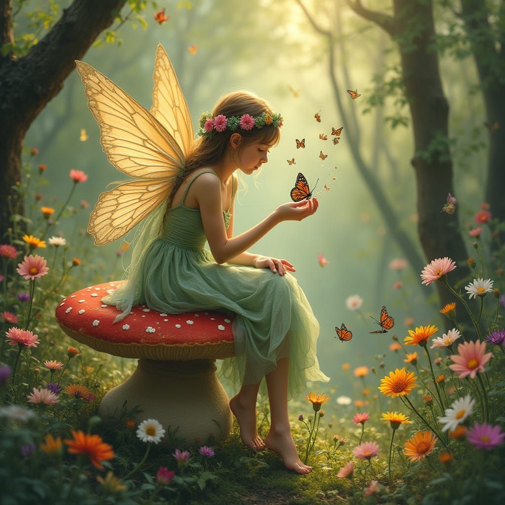Fairy in Whimsical Forest, Playing with Butterflies in Ether...