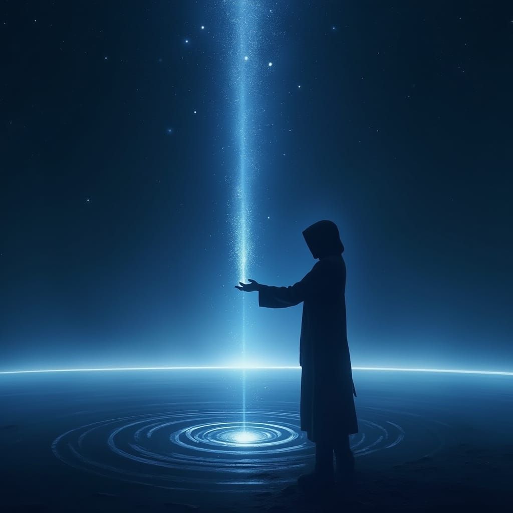 Hooded Figure Receives Cosmic Light Beam in Digital Matte Pa...