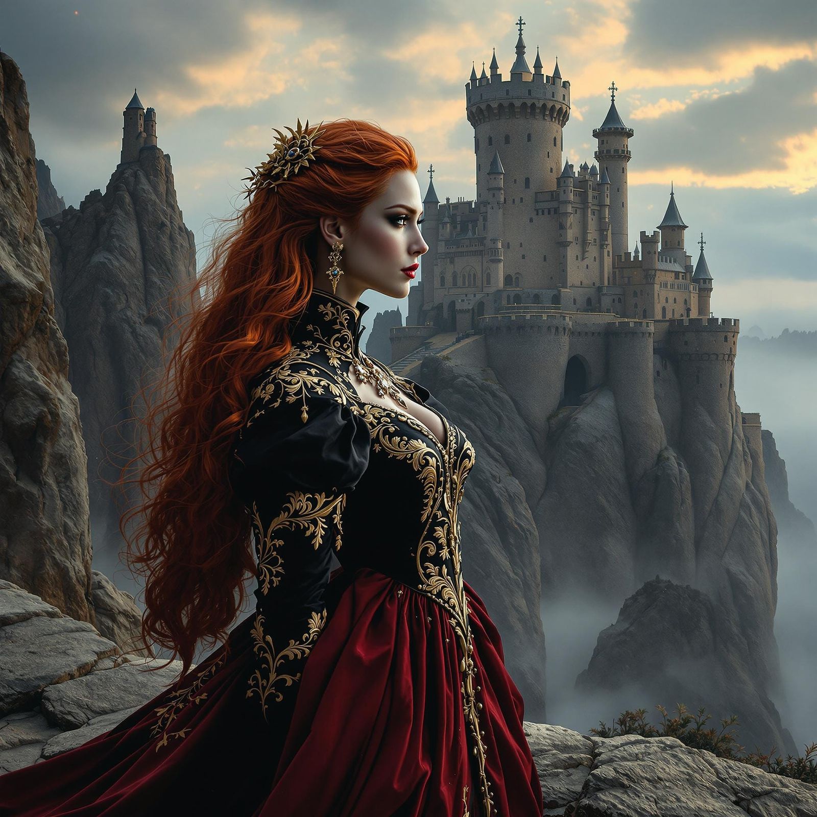 Red-Haired Queen in Medieval Fortress, Matte Painting