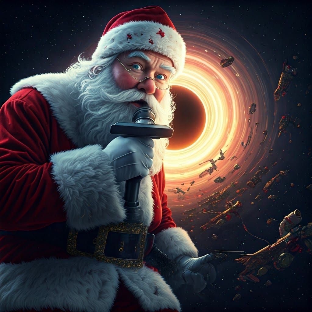 Hyperrealistic Santa Claus in Space, Holding Vacuum Nozzle