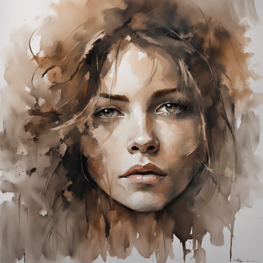 aquarelle  tete tourné 3/4 droite  gros plan jeune femme grunge assise cheveux long en désordre  vent s brouillard éthér...