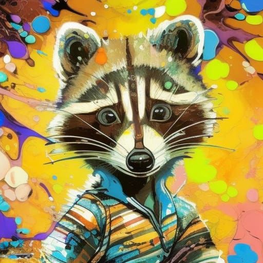 Hyperdetailed Raccoon Gouache Illustration with Marbling