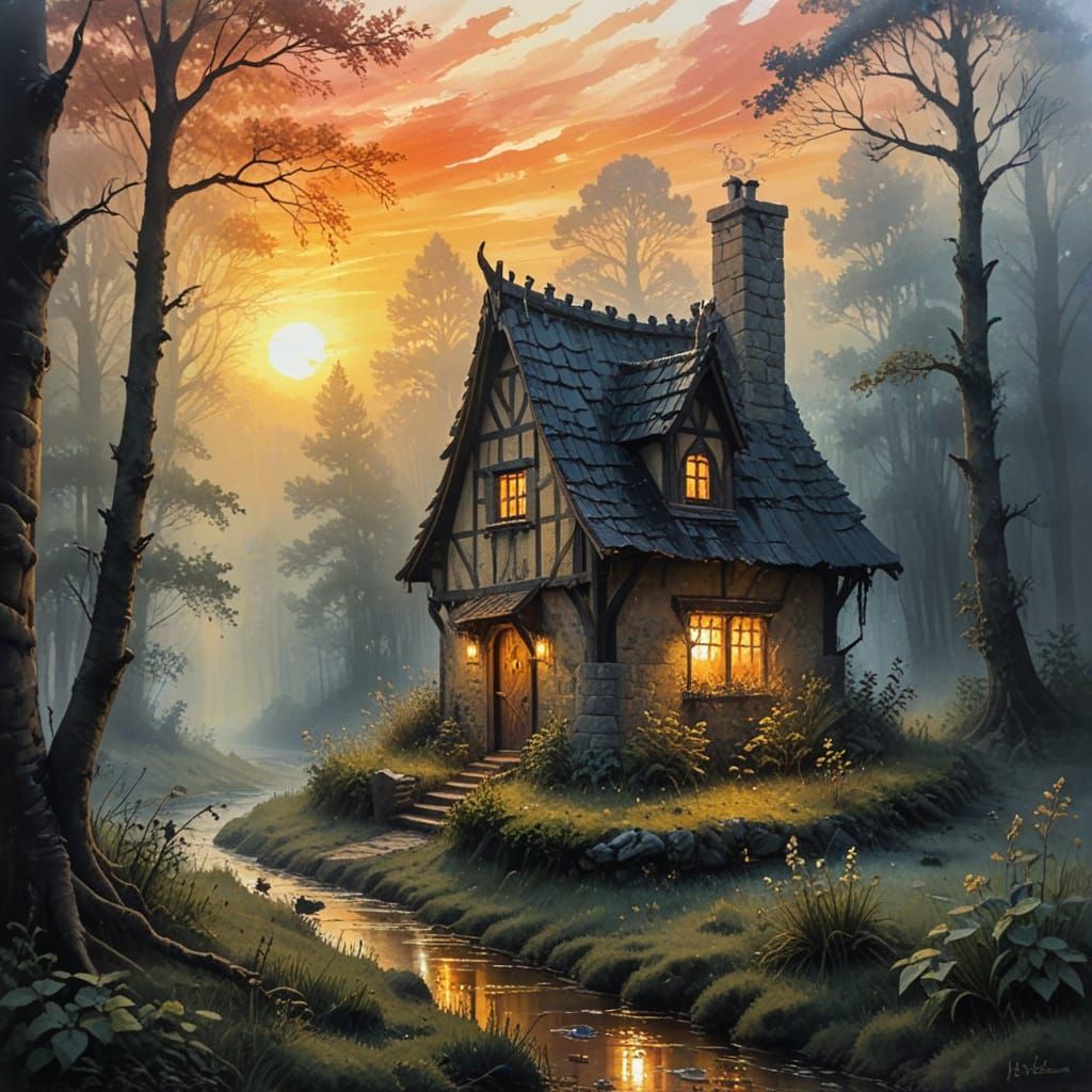 Medieval Cottage in Foggy Forest Sunrise