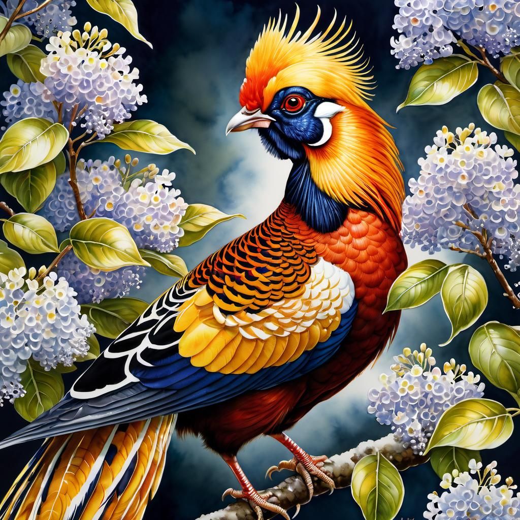 Golden Pheasant Among Lilacs: Watercolor Painting