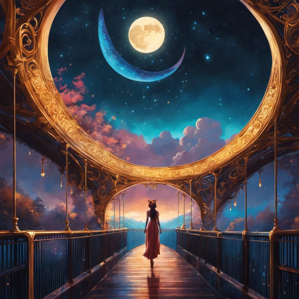 Psychedelic Crescent Moon Over Opulent Bridge