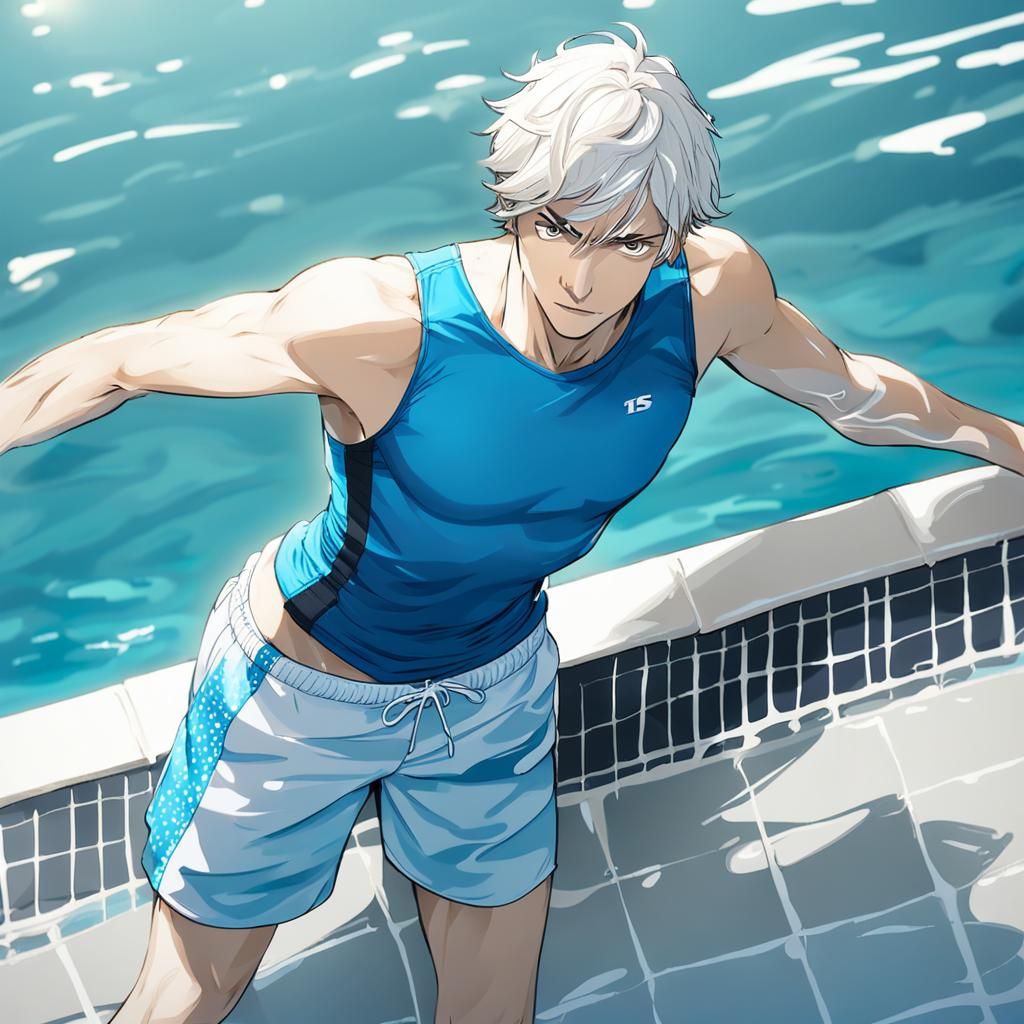 Teen Boy with White Hair at Swimming Pool