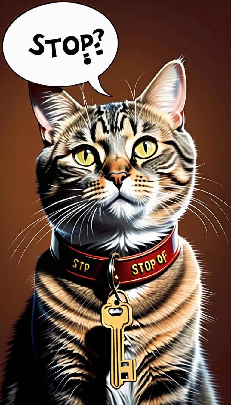 Tabby Cat with a key dangling from his collar (seen by all) as he plays the keeper of the House (Speech Bubble above hi...