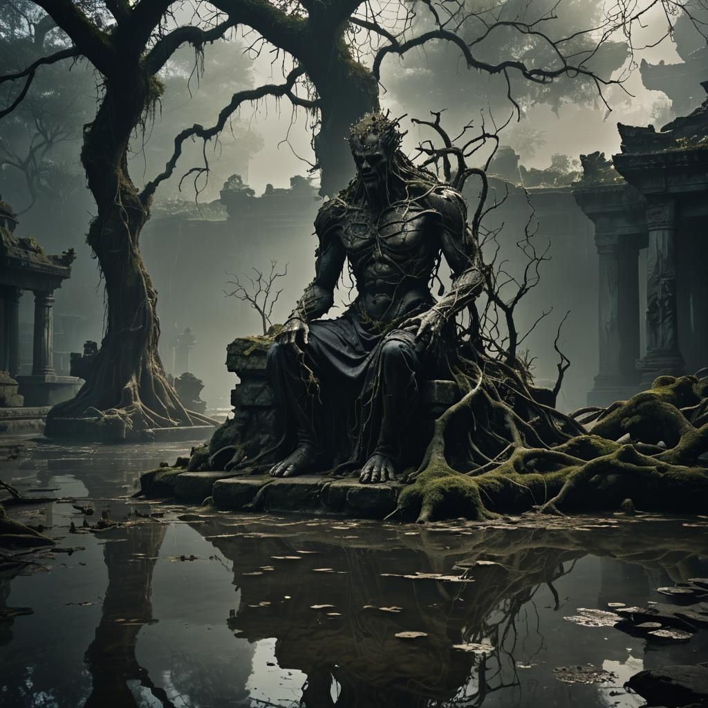 Colossal Vine Figure in Ruined Temple: Dark Fantasy