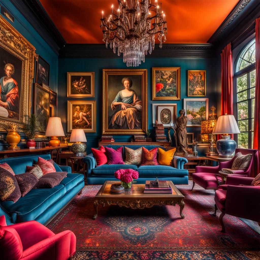 Maximalist Living Room with Bold Colors in HDR