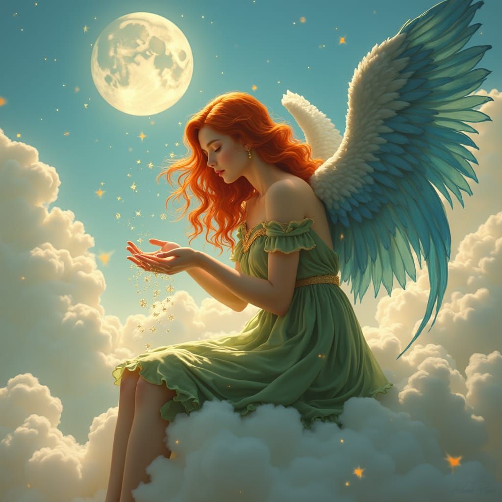 Serenely Beautiful Angel with Fiery Red Hair and Majestic Bl...