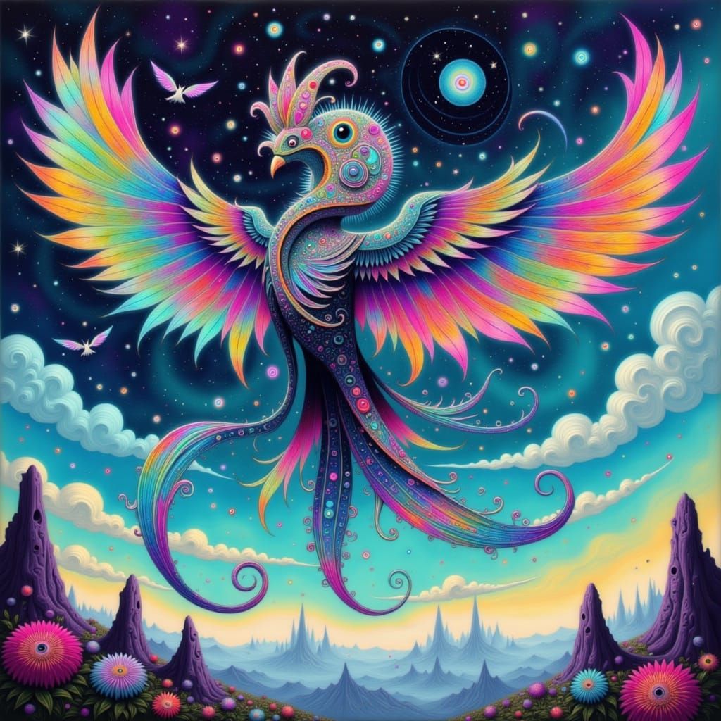 Colossal Bird God Soaring with Rainbow Feathers