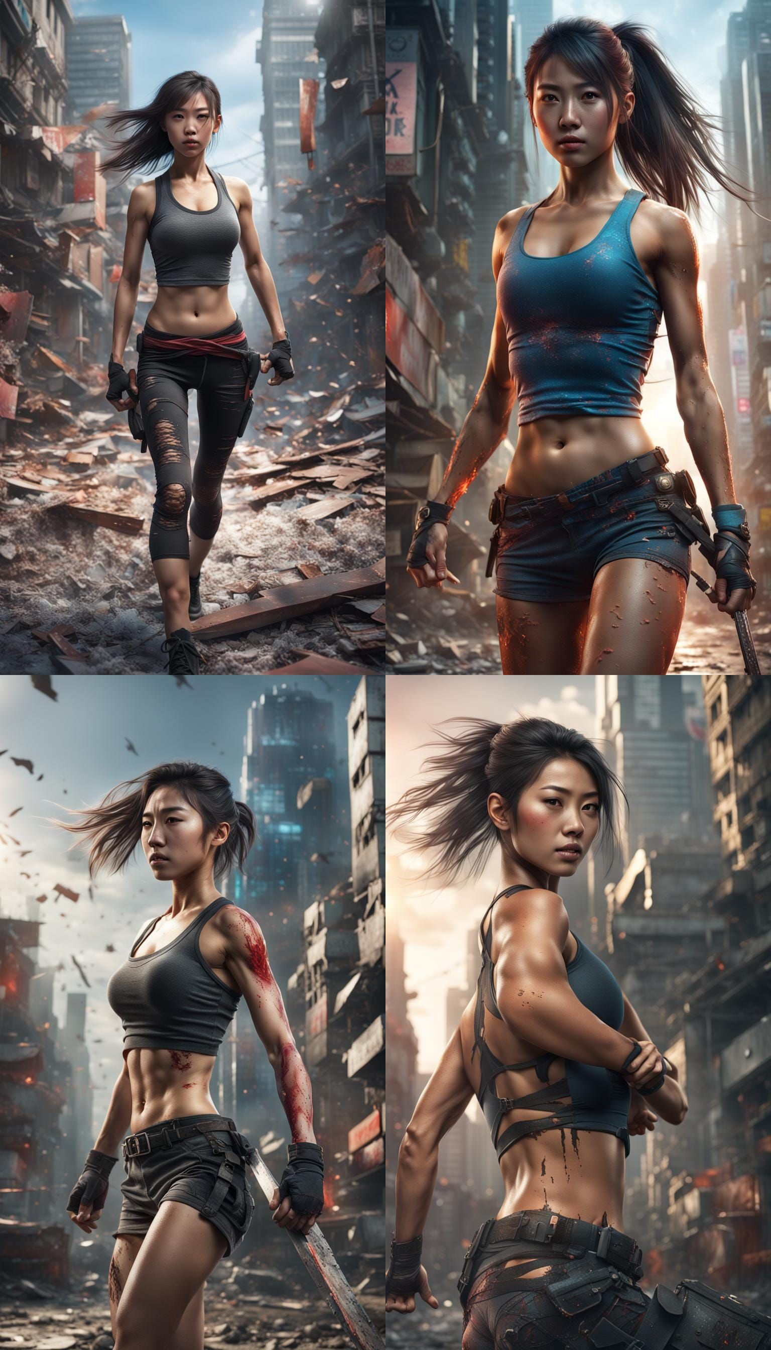 Hyperrealistic Asian Woman Side Kick in Damaged City