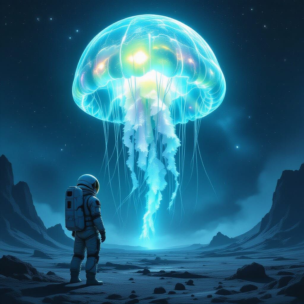 Astronaut and Bioluminescent Jellyfish in Alien Landscape