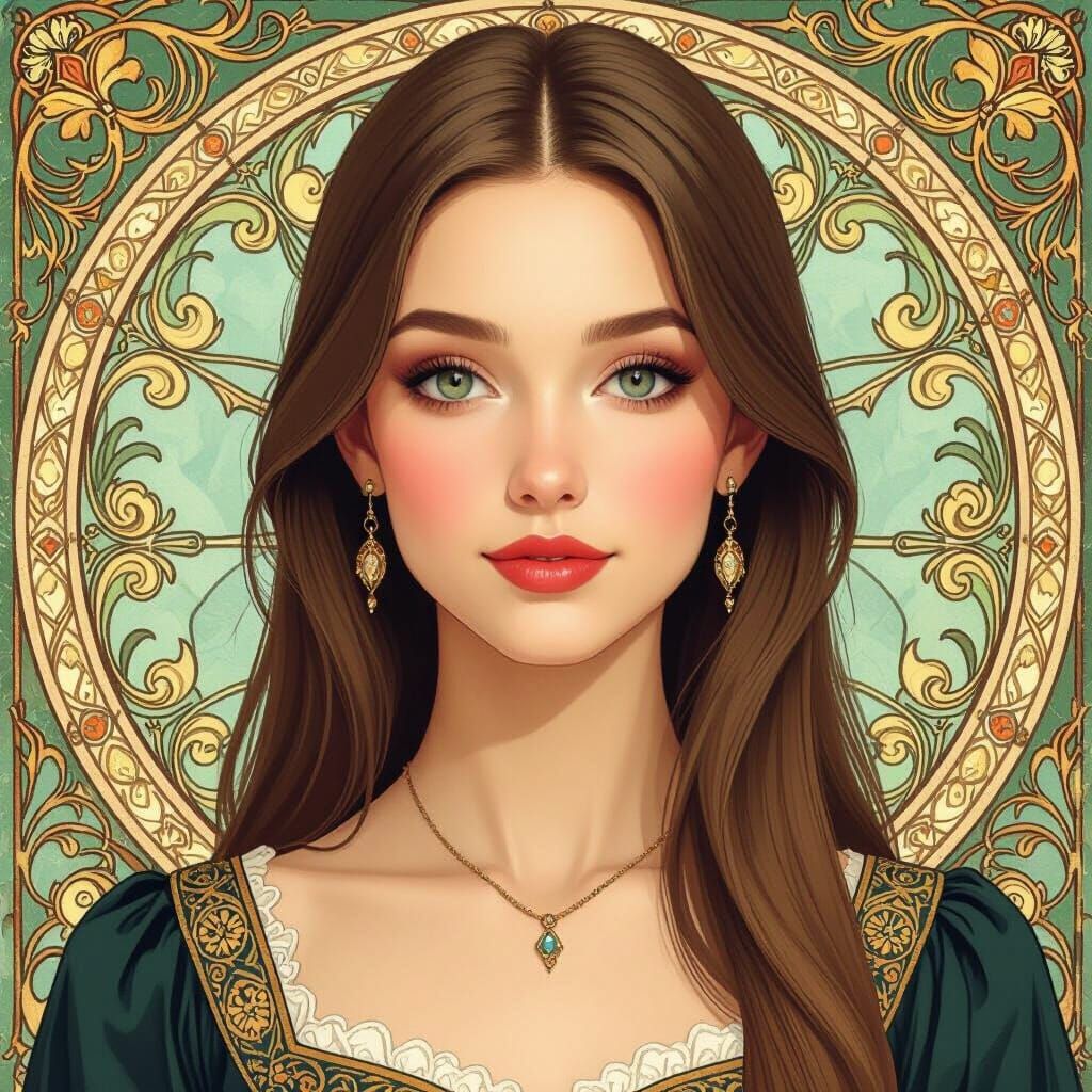 Elegant Woman Portrait in Alphonse Mucha Style
