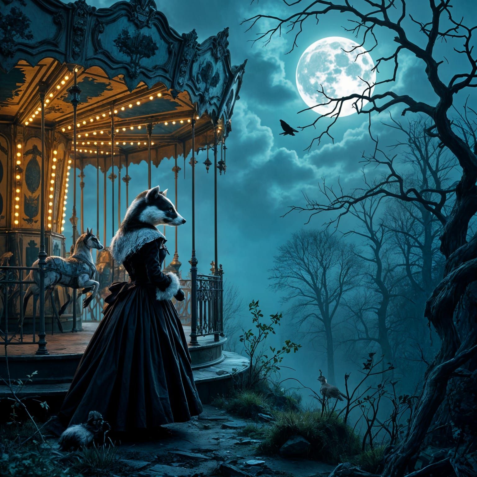 Victorian Badger at Moonlit Abandoned Carousel
