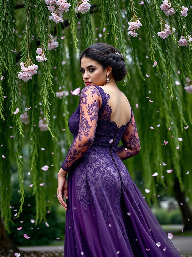Curvaceous Woman in Purple Gown Under Willow Tree