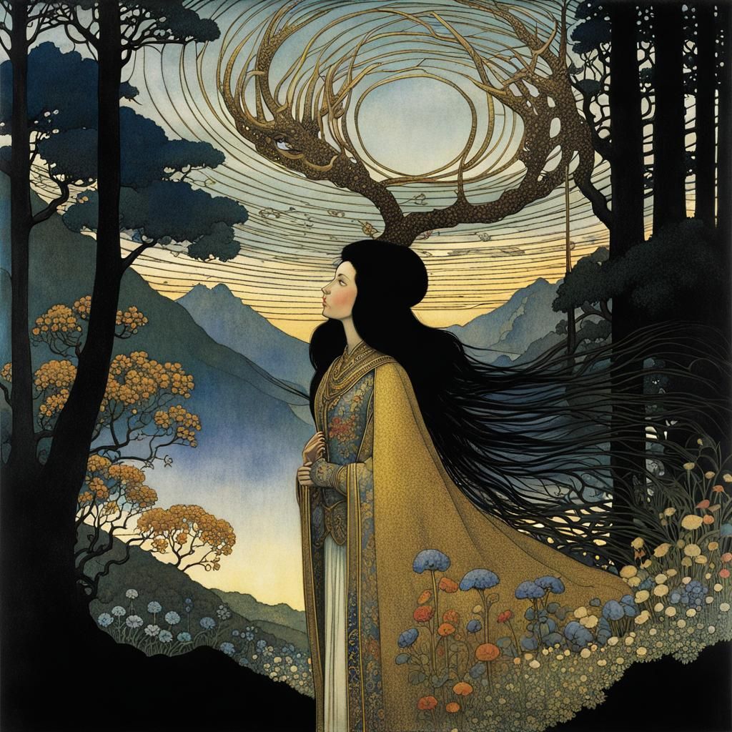 Woman with Stag Antlers in Alpine Meadow