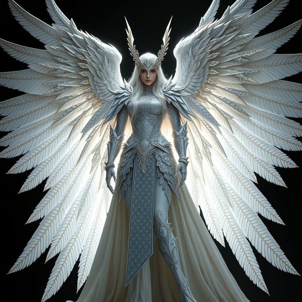 Gothic Guardian Angel with Crystal Armor and Feathery Wings