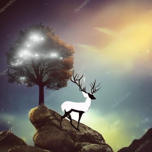 White shining Magic Deer with tree shaped horn standing on the high rock on the dark night gothic style