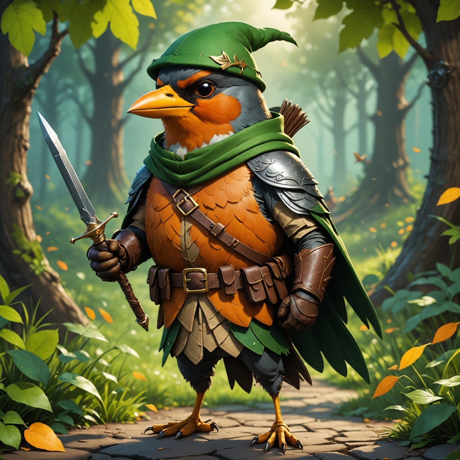 Robin bird wearing Robin Hood costume