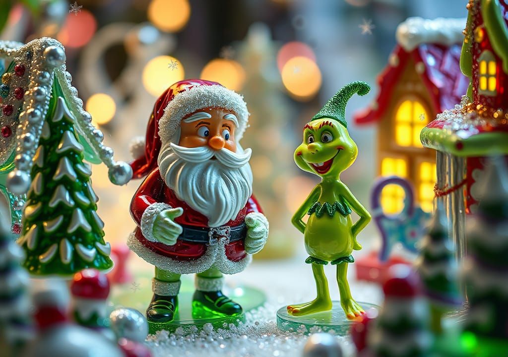 Enameled Glass Christmas Village with Spongebob and Grinch