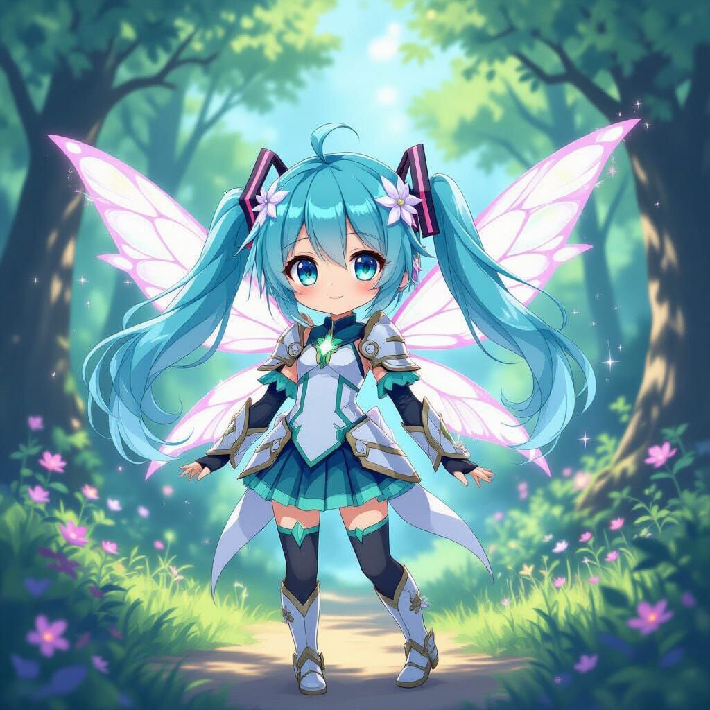Chibi Hatsune Miku as Mystic Fairy Knight in Magical Forest
