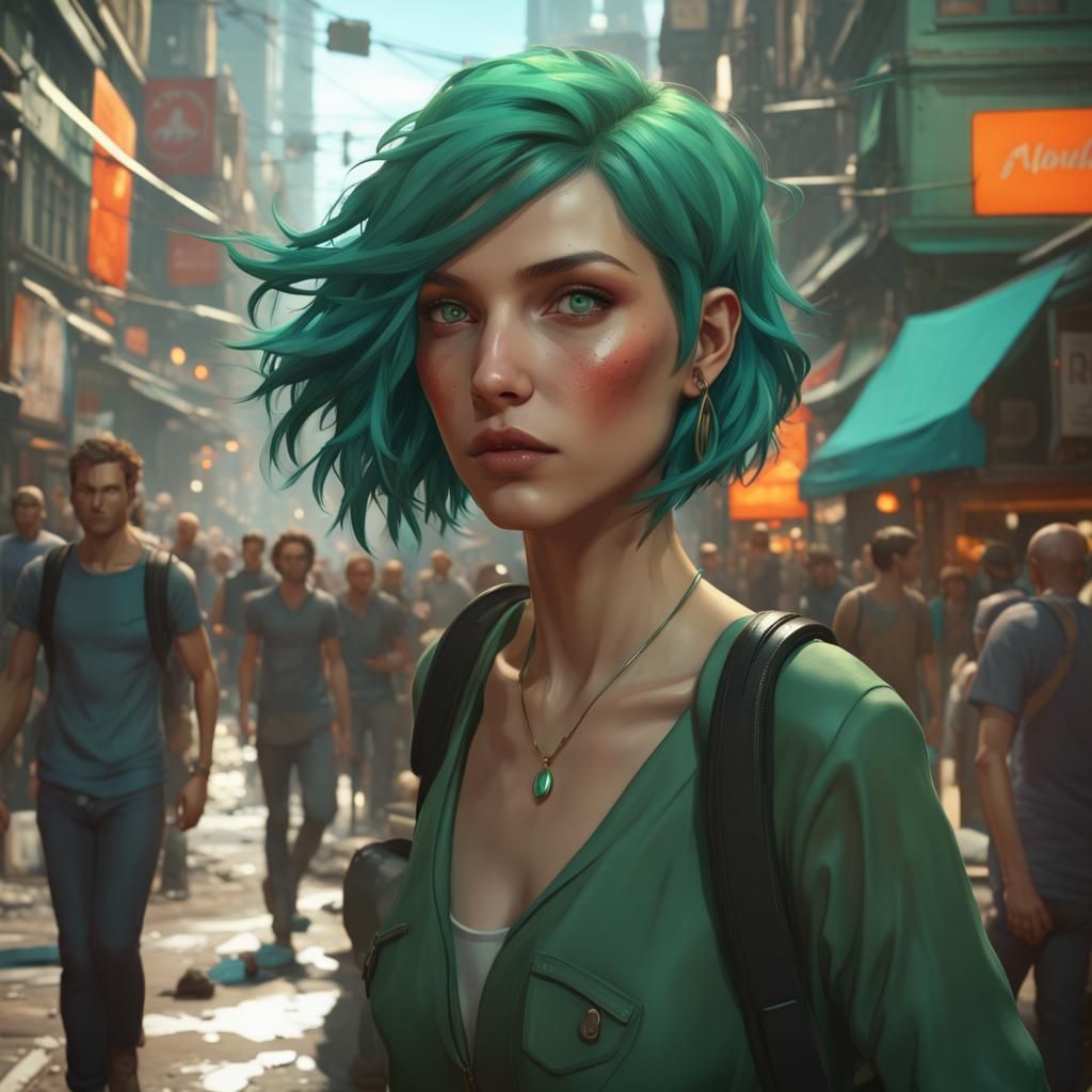 Green-Haired Woman in Crowded City, Digital Art