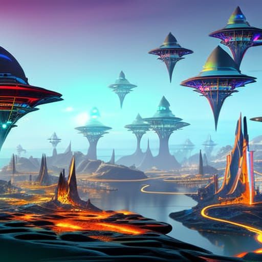 Neon Alien Cityscape with Dragons: Fantasy Concept Art