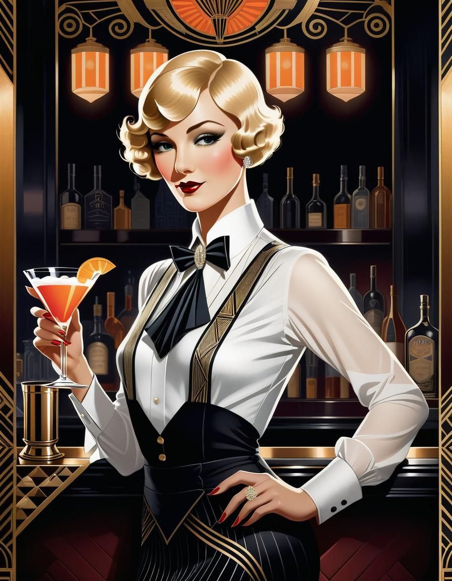 Art Deco Bartender in 1920s Speakeasy