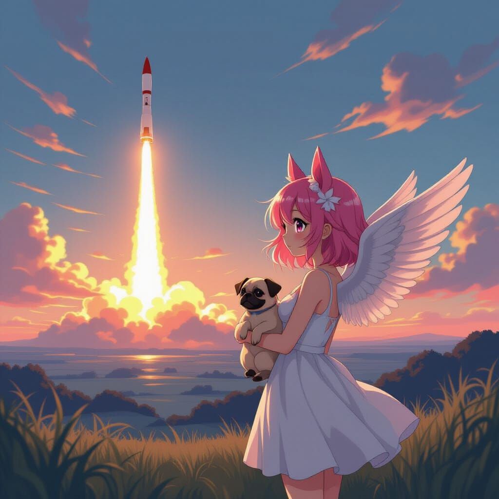 Anime Girl With Horse Ears and Wings Watches Sunrise Missile...