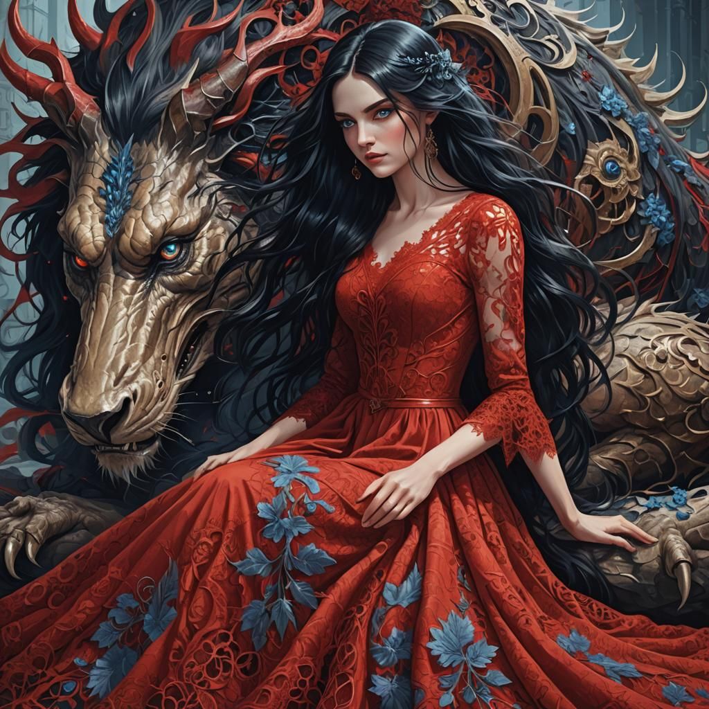 portrait of a beautiful woman with long black hair and blue eyes in a red lace dress