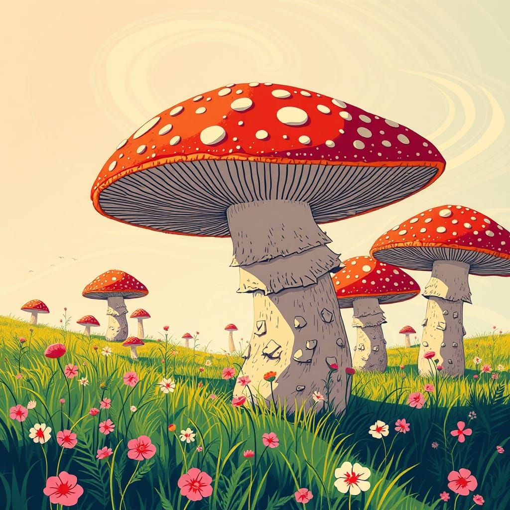 Surreal Mushroom Meadow in Pop Art Style