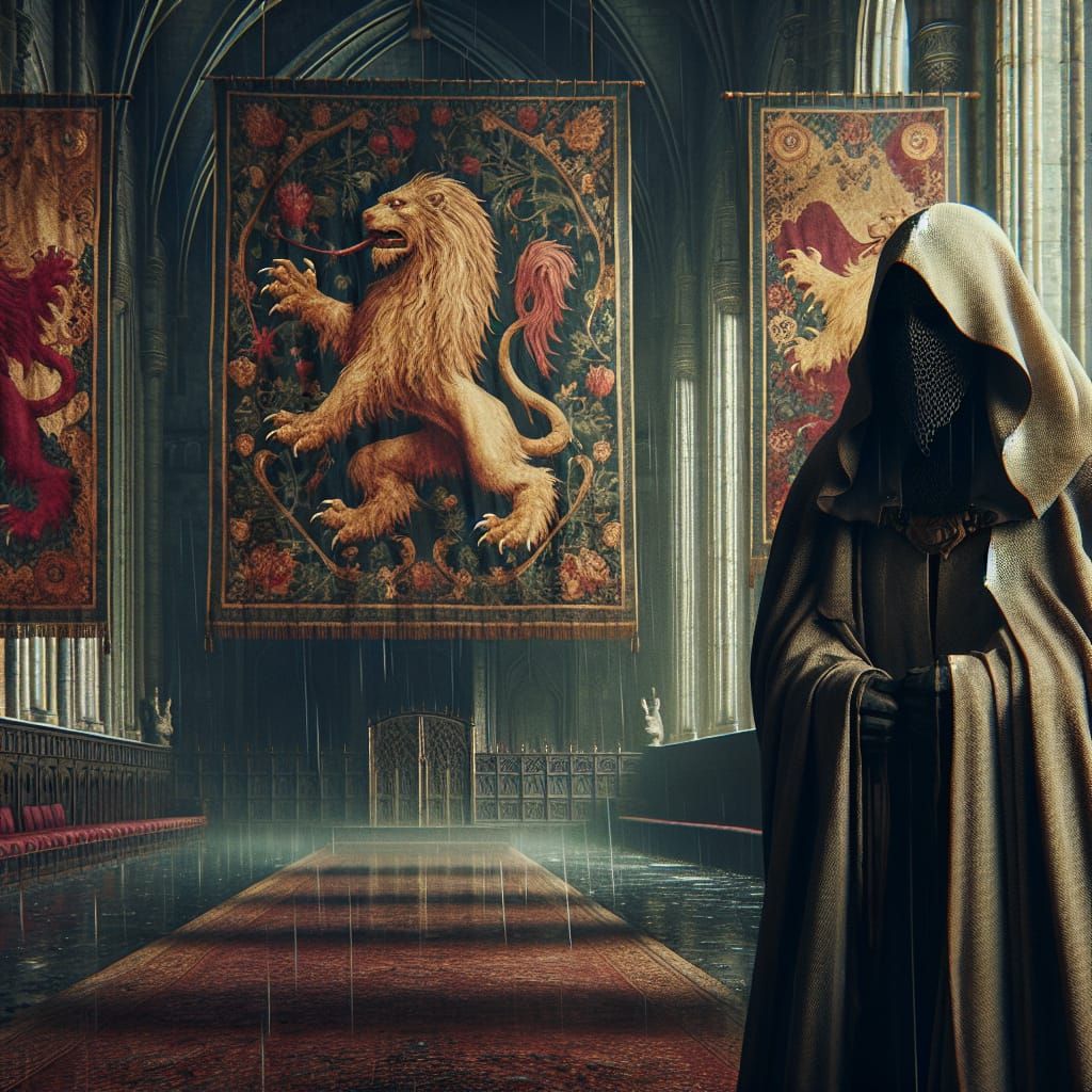 Medieval Lord in Castle Halls with Lion Tapestries