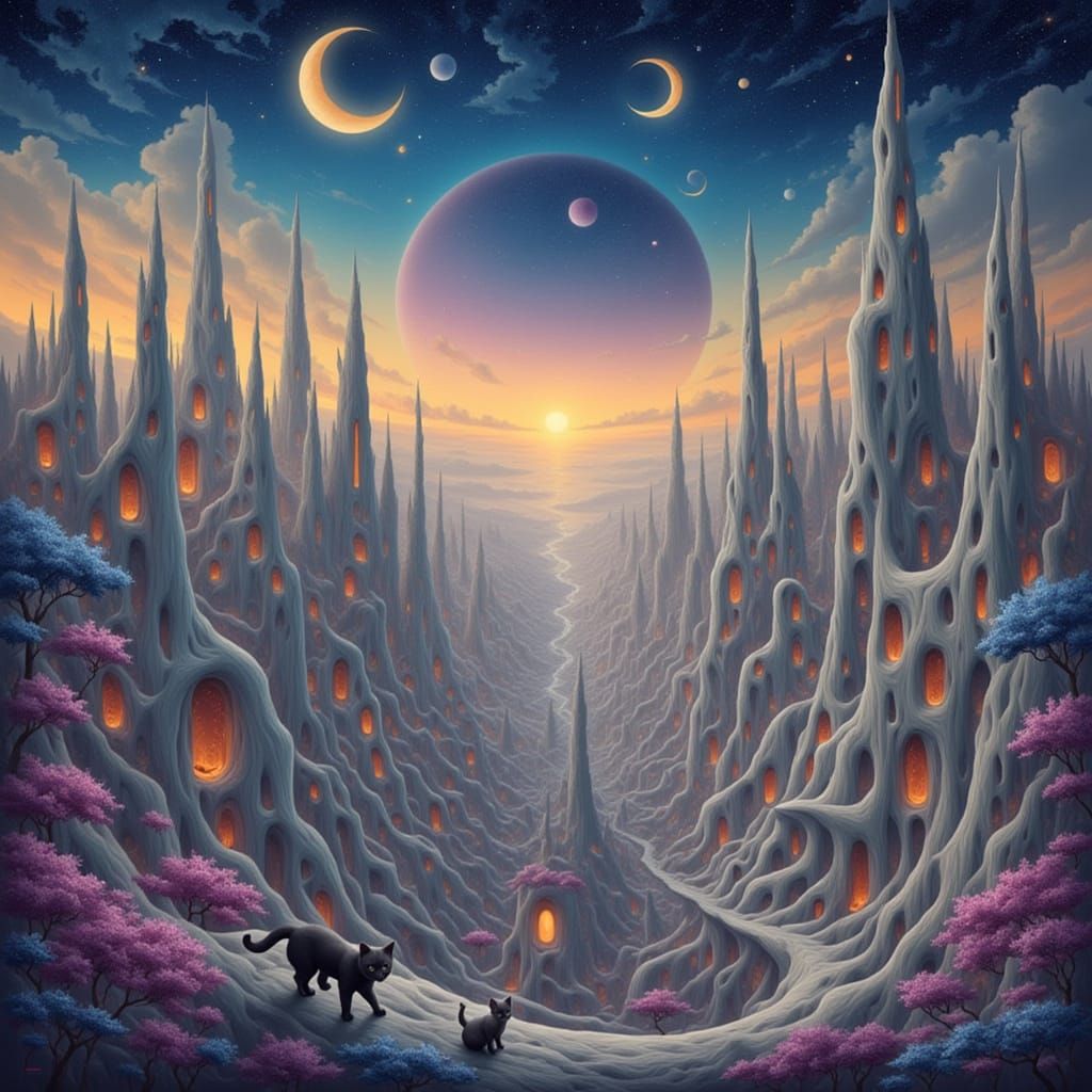 Surreal Cityscape of Impossible Geometry and Cat Figures