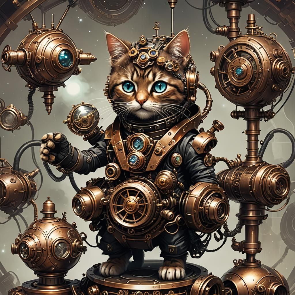 Steampunk Cat Piloting Spaceship with Engine