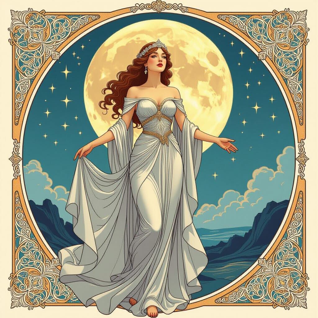 Lunar Queen in Silver Dress, Art Nouveau Style