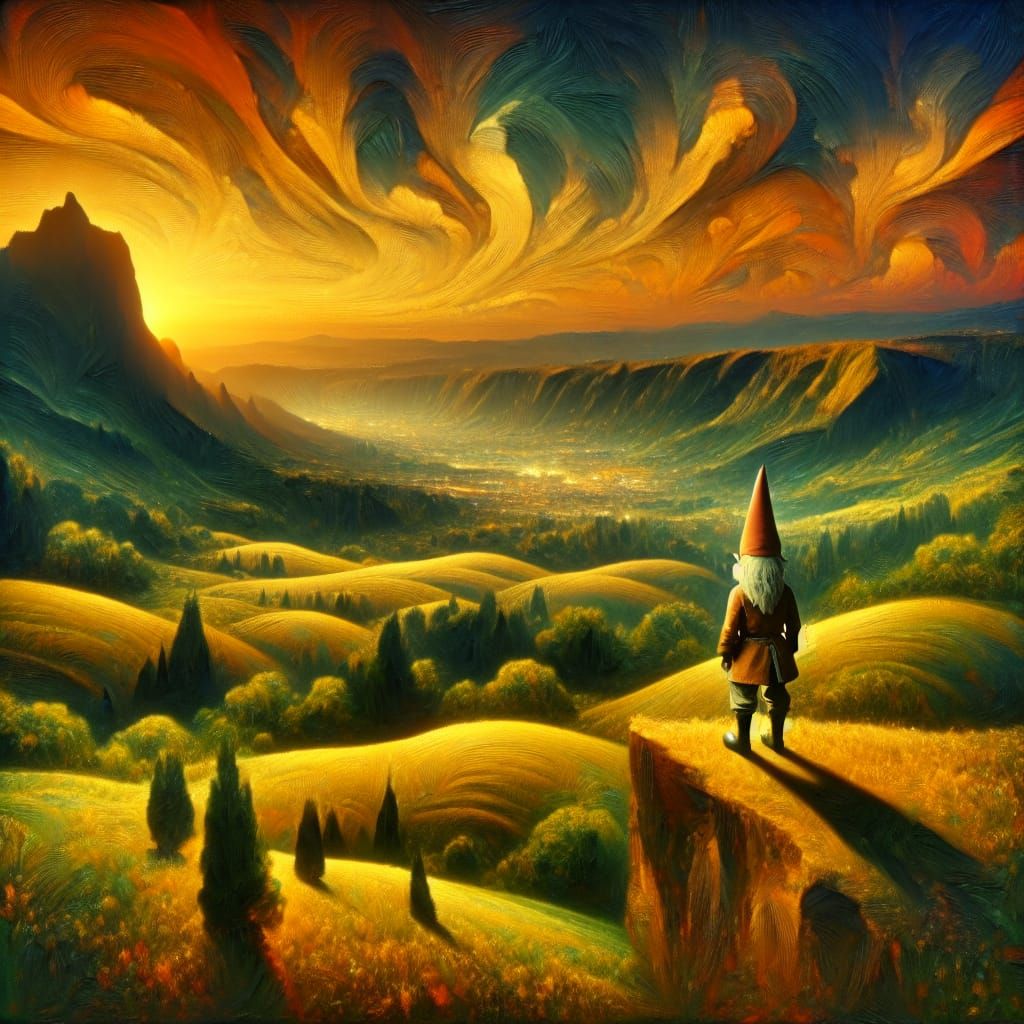 Gnome Watching Sunset in Surrealist Landscape