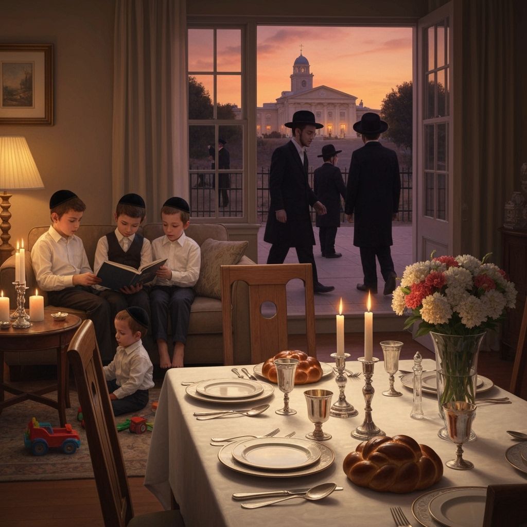 Warm Shabbos Scene with Boys Reading by Candlelight