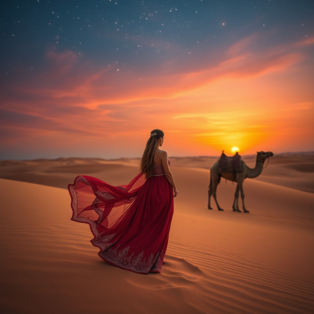 Crimson Desert Sunset: Woman and Camel Silhouette