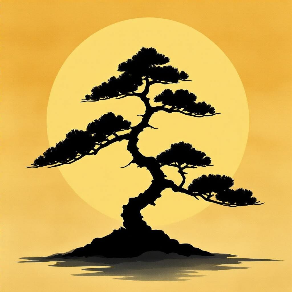 Minimalist Dark Bonsai Silhouette on Golden Yellow Backgroun...