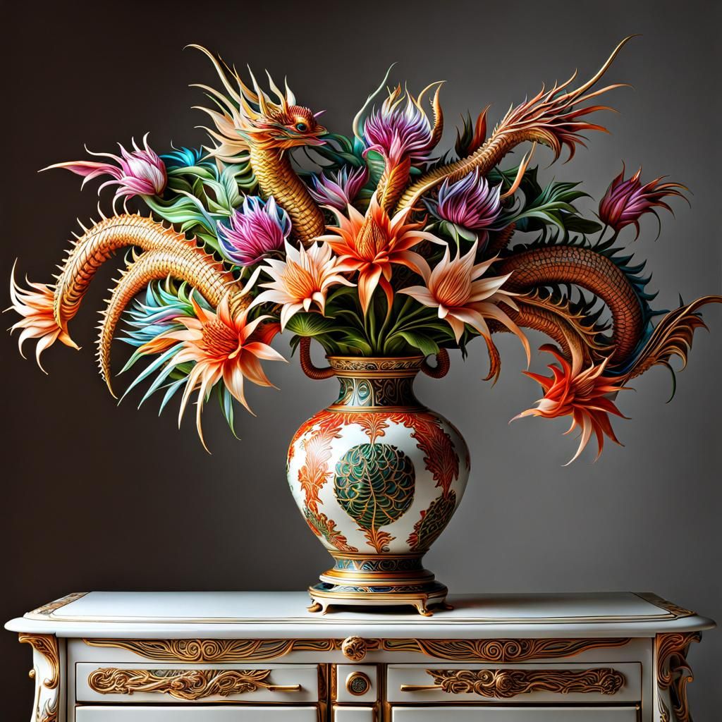 Dragonflowers in Japanese Vase, H.R. Giger Style