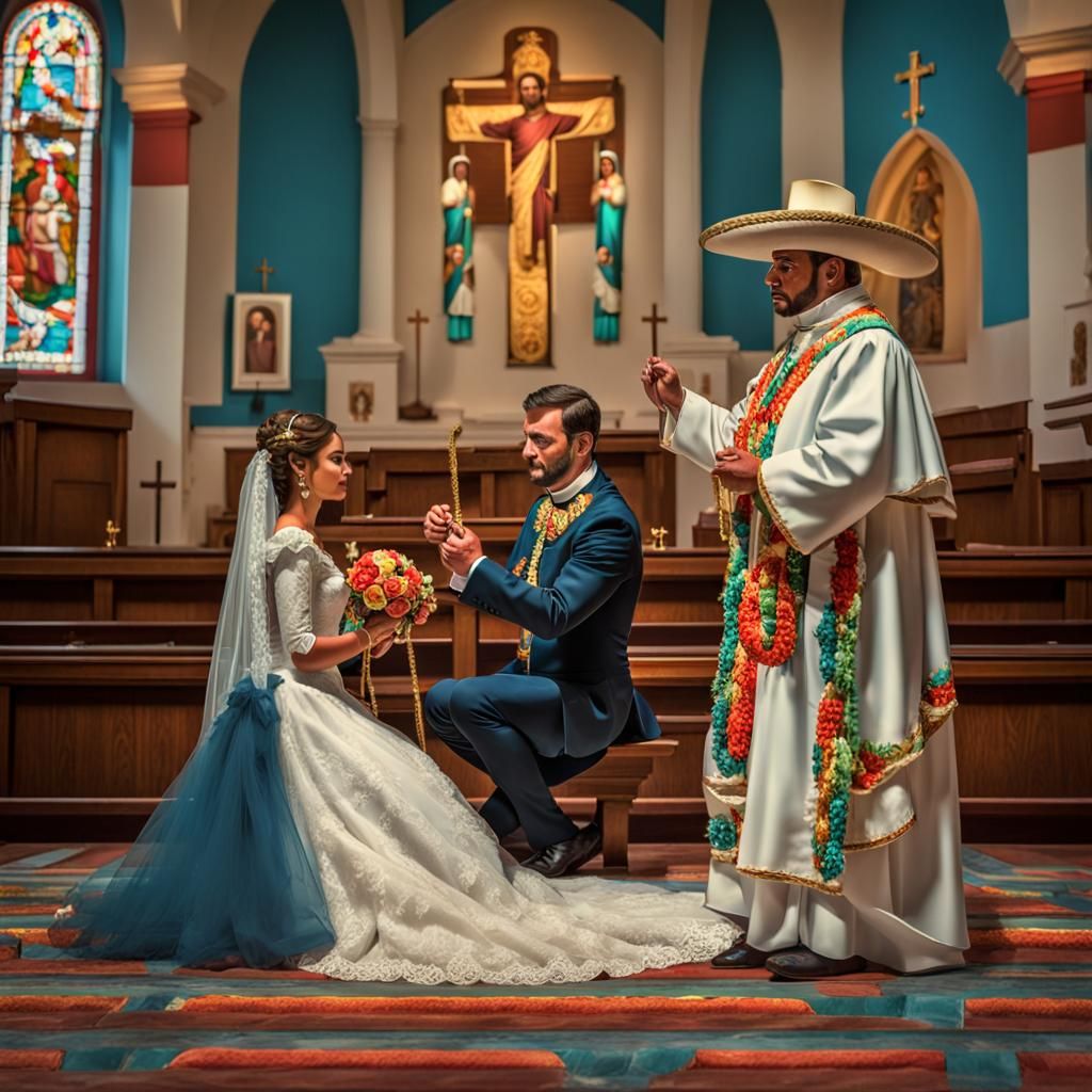 Mexican wedding lasso ceremony with bride and groom kneeling in the church in front of a priest with a lasso rosary 8k r...