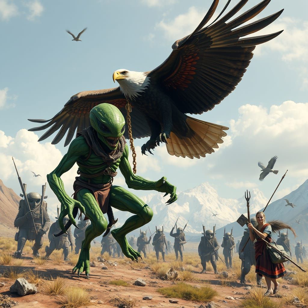 Green Alien Captured by Eagle
