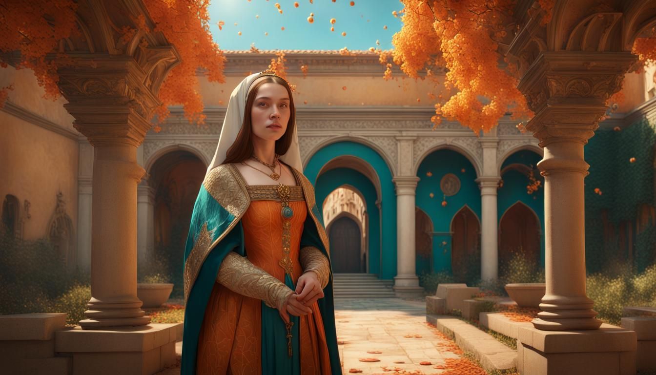 Catherine of Aragon in Opulent Spanish Garden